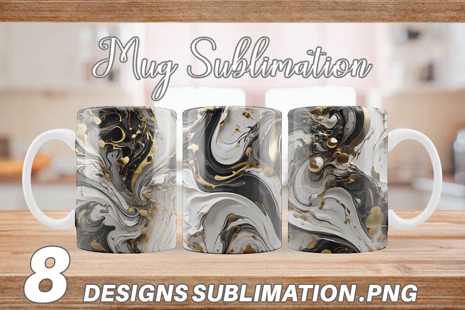 Mug Wrap Black White Marble Gold