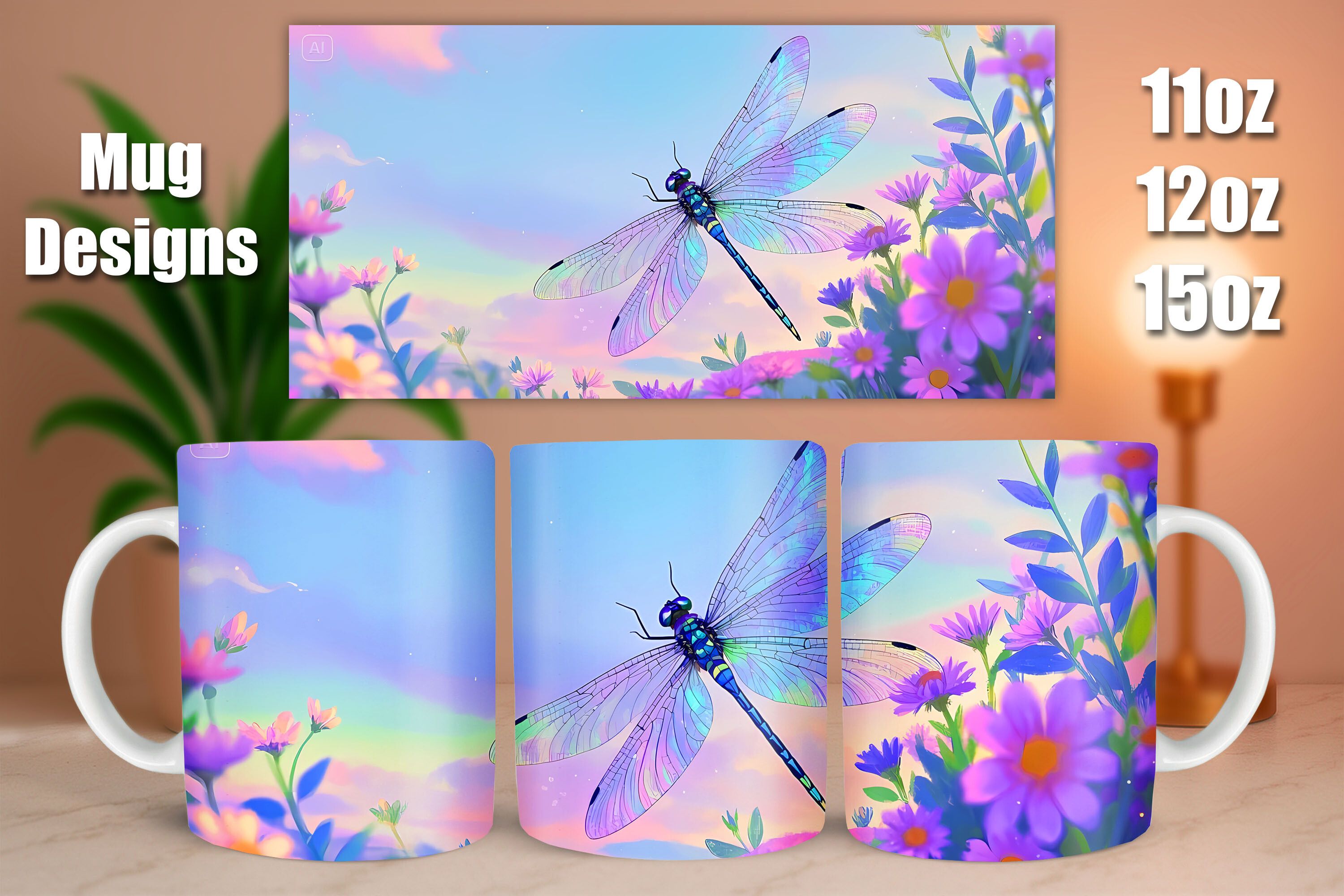 Dragonfly in Flower Scene Mug Design
