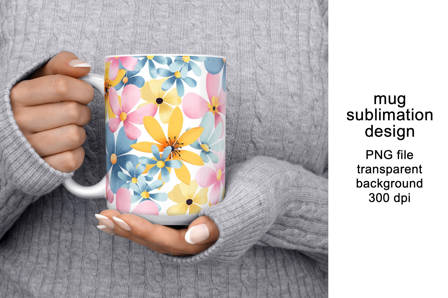 Mug Design, Wrap with Flowers, PNG.